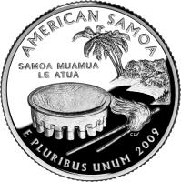 United States coin 1/4 Dollar - American Samoa - Washington Quarter; Silver Proof (2009) reverse reverse of 1/4 Dollar - American Samoa - Washington Quarter; Silver Proof (2009) coin with KM# 448a from United States. Inscription: AMERICAN SAMOA SAMOA MUAMUA LE ATUA E PLURIBUS UNUM