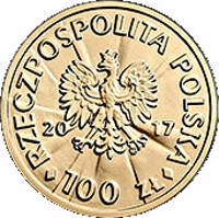 obverse of 100 Złotych - Roman Dmowski (2017) coin with Y# 1000 from Poland. Inscription: RZECZPOSPOLITA POLSKA 2017 mw 100 ZŁ