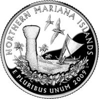 United States coin 1/4 Dollar - Northern Mariana Islands - Washington Quarter; Silver Proof (2009) reverse reverse of 1/4 Dollar - Northern Mariana Islands - Washington Quarter; Silver Proof (2009) coin with KM# 466a from United States. Inscription: NORTHERN MARIANA ISLANDS E PLURIBUS UNUM