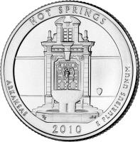 United States coin 1/4 Dollar - Hot Springs, Arkansas - Washington Quarter; Silver Proof (2010) reverse reverse of 1/4 Dollar - Hot Springs, Arkansas - Washington Quarter; Silver Proof (2010) coin with KM# 469a from United States. Inscription: HOT SPRINGS ARKANSAS E PLURIBUS UNUM