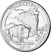 United States coin 1/4 Dollar - Yellowstone, Wyoming - Washington Quarter; Silver Proof (2010) reverse reverse of 1/4 Dollar - Yellowstone, Wyoming - Washington Quarter; Silver Proof (2010) coin with KM# 470a from United States. Inscription: YELLOWSTONE WYOMING E PLURIBUS UNUM