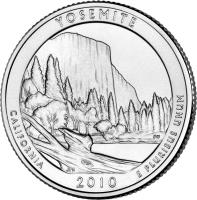 United States coin 1/4 Dollar - Yosemite, California - Washington Quarter; Silver Proof (2010) reverse reverse of 1/4 Dollar - Yosemite, California - Washington Quarter; Silver Proof (2010) coin with KM# 471a from United States. Inscription: YOSEMITE CALIFORNIA E PLURIBUS UNUM