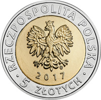obverse of 5 Złotych - The Central Industrial District (2017) coin with Y# 976 from Poland. Inscription: RZECZPOSPOLITA POLSKA mw 2017 • 5 ZŁOTYCH •