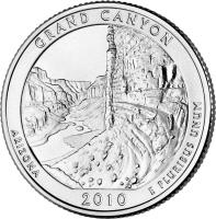 United States coin 1/4 Dollar - Grand Canyon, Arizona - Washington Quarter; Silver Proof (2010) reverse reverse of 1/4 Dollar - Grand Canyon, Arizona - Washington Quarter; Silver Proof (2010) coin with KM# 472a from United States. Inscription: GRAND CANYON ARIZONA E PLURIBUS UNUM