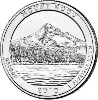 United States coin 1/4 Dollar - Mount Hood, Oregon - Washington Quarter; Silver Proof (2010) reverse reverse of 1/4 Dollar - Mount Hood, Oregon - Washington Quarter; Silver Proof (2010) coin with KM# 473a from United States. Inscription: MOUNT HOOD OREGON E PLURIBUS UNUM