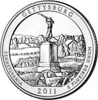 United States coin 1/4 Dollar - Gettysburg National Military Park, Pennsylvania - Washington Quarter; Silver Proof (2011) reverse reverse of 1/4 Dollar - Gettysburg National Military Park, Pennsylvania - Washington Quarter; Silver Proof (2011) coin with KM# 494a from United States. Inscription: GETTYSBURG PENNSYLVANIA E PLURIBUS UNUM