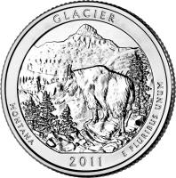 United States coin 1/4 Dollar - Glacier National Park, Montana - Washington Quarter; Silver Proof (2011) reverse reverse of 1/4 Dollar - Glacier National Park, Montana - Washington Quarter; Silver Proof (2011) coin with KM# 495a from United States. Inscription: GLACIER MONTANA E PLURIBUS UNUM