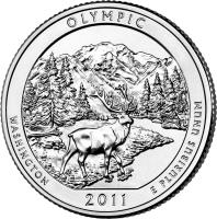 United States coin 1/4 Dollar - Olympic National Park - Washington Quarter; Silver Proof (2011) reverse reverse of 1/4 Dollar - Olympic National Park - Washington Quarter; Silver Proof (2011) coin with KM# 496a from United States. Inscription: OLYMPIC WASHINGTON E PLURIBUS UNUM