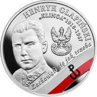 Poland coin 10 Złotych - Henryk Glapiński “Klinga” (2017) reverse reverse of 10 Złotych - Henryk Glapiński “Klinga” (2017) coin with Y# 991 from Poland. Inscription: HENRYK GLAPIŃSKI