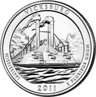 United States coin 1/4 Dollar - Vicksburg National Military Park, Mississippi - Washington Quarter; Silver Proof (2011) reverse reverse of 1/4 Dollar - Vicksburg National Military Park, Mississippi - Washington Quarter; Silver Proof (2011) coin with KM# 497a from United States. Inscription: VICKSBURG MISSISSIPPI E PLURIBUS UNUM