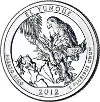 United States coin 1/4 Dollar - El Yunque National Forest, Puerto Rico - Washington Quarter; Silver Proof (2012) reverse reverse of 1/4 Dollar - El Yunque National Forest, Puerto Rico - Washington Quarter; Silver Proof (2012) coin with KM# 519a from United States. Inscription: EL YUNQUE PUERTO RICO E PLURIBUS UNUM