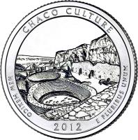United States coin 1/4 Dollar - Chaco Culture National Historical Park, New Mexico - Washington Quarter; Silver Proof (2012) reverse reverse of 1/4 Dollar - Chaco Culture National Historical Park, New Mexico - Washington Quarter; Silver Proof (2012) coin with KM# 520a from United States. Inscription: CHACO CULTURE NEW MEXICO E PLURIBUS UNUM