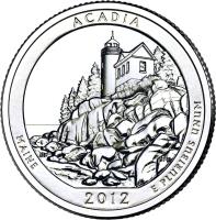 United States coin 1/4 Dollar - Acadia National Park, Maine - Washington Quarter; Silver Proof (2012) reverse reverse of 1/4 Dollar - Acadia National Park, Maine - Washington Quarter; Silver Proof (2012) coin with KM# 521a from United States. Inscription: ACADIA MAINE E PLURIBUS UNUM