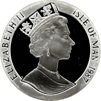 obverse of 10 Crowns - Elizabeth II - Sailboats and Statue of Liberty (1987) coin with KM# 181 from Isle of Man. Inscription: ELIZABETH II ISLE OF MAN·1987