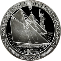 Isle of Man coin 10 Crowns - Elizabeth II - Sailboats and Statue of Liberty (1987) reverse reverse of 10 Crowns - Elizabeth II - Sailboats and Statue of Liberty (1987) coin with KM# 181 from Isle of Man. Inscription: THE AMERICA'S CUP CHALLENGE·FREEMANTLE FINE SILVER 10 OUNCES CROWNS