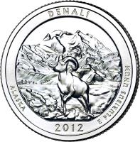 United States coin 1/4 Dollar - Denali National Park and Preserve, Alaska - Washington Quarter; Silver Proof (2012) reverse reverse of 1/4 Dollar - Denali National Park and Preserve, Alaska - Washington Quarter; Silver Proof (2012) coin with KM# 523a from United States. Inscription: DENALI ALASKA E PLURIBUS UNUM