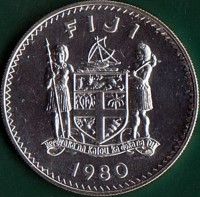 obverse of 10 Dollars - Elizabeth II - 10th Anniversary of Independence (1980) coin with KM# 46 from Fiji. Inscription: FIJI 1980