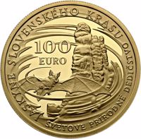 reverse of 100 Euro - World Natural Heritage – Caves of Slovak Karst (2017) coin from Slovakia. Inscription: 100 EURO JASKYNE SLOVENSKÉHO KRASU SVETOVÉ PRÍRODNÉ DEDIČSTVO