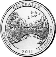 United States coin 1/4 Dollar - Chickasaw National Recreation - Washington Quarter; Silver Proof (2011) reverse reverse of 1/4 Dollar - Chickasaw National Recreation - Washington Quarter; Silver Proof (2011) coin with KM# 498b from United States. Inscription: CHICKASAW OKLAHOMA E PLURIBUS UNUM