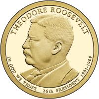 obverse of 1 Dollar - Theodore Roosevelt (2013) coin with KM# 548 from United States. Inscription: THEODORE ROOSEVELT IN GOD WE TRUST 26st PRESIDENT 1901-1909