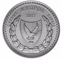obverse of 5 Euros - Republic of Cyprus - since 1960. - 100th anniversary of the death of Vasilis Michaelides (2017) coin from Cyprus. Inscription: ΚΥΠΡΟΣ CYPRUS KIBRIS 2017 1960