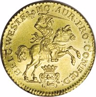 Dutch Republic coin 7 Gulden (1749 - 1763) obverse obverse of 7 Gulden (1749 - 1763) coin with KM# 129 from Dutch Republic. Inscription: MO:AUR:PRO:CONFOED - BELG: WESTF (mintmark)