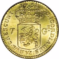Dutch Republic coin 7 Gulden (1749 - 1763) reverse reverse of 7 Gulden (1749 - 1763) coin with KM# 129 from Dutch Republic. Inscription: CONCORDIA • RES • PAEVÆ • CRESCUNT • date
