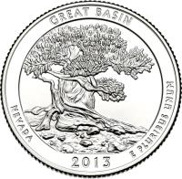 United States coin 1/4 Dollar - Great Basin - Washington Quarter (2013) reverse reverse of 1/4 Dollar - Great Basin - Washington Quarter (2013) coin with KM# 544 from United States. Inscription: GREAT BASIN NEVADA E PLURIBUS UNUM 2013