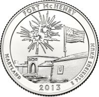 reverse of 1/4 Dollar - Fort McHenry - Washington Quarter (2013) coin with KM# 545 from United States. Inscription: FORT McHENRY MARYLAND E PLURIBUS UNUM JFM 2013