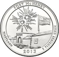 United States coin 1/4 Dollar - Fort McHenry - Washington Quarter (2013) reverse reverse of 1/4 Dollar - Fort McHenry - Washington Quarter (2013) coin with KM# 545 from United States. Inscription: FORT McHENRY MARYLAND E PLURIBUS UNUM JFM 2013