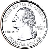 obverse of 1/4 Dollar - Mount Rushmore - Washington Quarter (2013) coin with KM# 546 from United States. Inscription: UNITED STATES OF AMERICA LIBERTY IN GOD WE TRUST D QUARTER DOLLAR