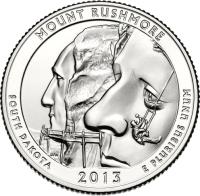 reverse of 1/4 Dollar - Mount Rushmore - Washington Quarter (2013) coin with KM# 546 from United States. Inscription: MOUNT RUSHMORE SOUTH DAKOTA 2013 E PLURIBUS UNUM