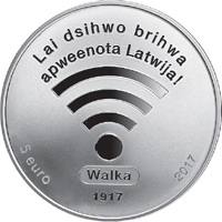 obverse of 5 Euro - Dedicated to the 100th anniversary of The First session of LPNC (2017) coin from Latvia. Inscription: Lai dsiwo brihwa apweenota Latvija! Walka 1917 5 euro 2017