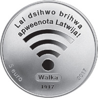Latvia coin 5 Euro - Dedicated to the 100th anniversary of The First session of LPNC (2017) obverse obverse of 5 Euro - Dedicated to the 100th anniversary of The First session of LPNC (2017) coin from Latvia. Inscription: Lai dsiwo brihwa apweenota Latvija! Walka 1917 5 euro 2017