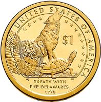 reverse of 1 Dollar - Turkey, Wolf and Turtle (2013) coin with KM# 551 from United States. Inscription: UNITED STATES OF AMERICA $1 TREATY WITH THE DELAWARES 1778