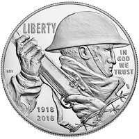 United States coin 1 Dollar - World War I Centennial (2018) obverse obverse of 1 Dollar - World War I Centennial (2018) coin from United States. Inscription: LIBERTY 1918 2018 IN GOD WE TRUST