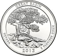 United States coin 1/4 Dollar - Great Basin - Washington Quarter; Silver Proof (2013) reverse reverse of 1/4 Dollar - Great Basin - Washington Quarter; Silver Proof (2013) coin with KM# 544a from United States.