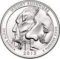 United States coin 1/4 Dollar - Mount Rushmore - Washington Quarter; Silver Proof (2013) reverse reverse of 1/4 Dollar - Mount Rushmore - Washington Quarter; Silver Proof (2013) coin with KM# 546a from United States.