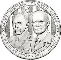 United States coin 1 Dollar - 5-Star Generals (2013) obverse obverse of 1 Dollar - 5-Star Generals (2013) coin with KM# 553 from United States. Inscription: GEORGE C. MARSHALL, DWIGHT D. EISENHOWER, IN GOD WE TRUST, 2013, LIBERTY