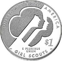 United States coin 1 Dollar - Girl Scouts of the USA Centennial (2013) reverse reverse of 1 Dollar - Girl Scouts of the USA Centennial (2013) coin with KM# 552 from United States. Inscription: UNITED STATES OF AMERICA, E PLURIBUS UNUM, 1$, GIRL SCOUTS
