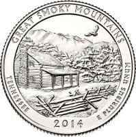 United States coin 1/4 Dollar - Great Smoky Mountains - Washington Quarter (2014) reverse reverse of 1/4 Dollar - Great Smoky Mountains - Washington Quarter (2014) coin with KM# 566 from United States. Inscription: GREAT SMOKY MOUNTAINS TENNESSEE RG 2014 E PLURIBUS UNUM