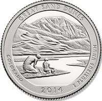 United States coin 1/4 Dollar - Great Sand Dunes, Colorado - Washington Quarter; Silver Proof (2014) reverse reverse of 1/4 Dollar - Great Sand Dunes, Colorado - Washington Quarter; Silver Proof (2014) coin with KM# 569a from United States. Inscription: GREAT SAND DUNES, COLORADO, 2014 E PLURIBUS UNUM