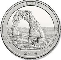 reverse of 1/4 Dollar - Arches National Park, Utah - Washington Quarter; Silver Proof (2014) coin with KM# 568a from United States. Inscription: ARCHES, UTAH, 2014 E PLURIBUS UNUM