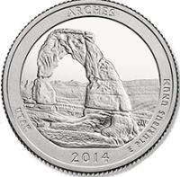 United States coin 1/4 Dollar - Arches National Park, Utah - Washington Quarter; Silver Proof (2014) reverse reverse of 1/4 Dollar - Arches National Park, Utah - Washington Quarter; Silver Proof (2014) coin with KM# 568a from United States. Inscription: ARCHES, UTAH, 2014 E PLURIBUS UNUM