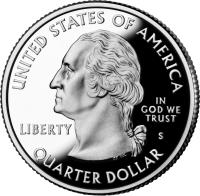 obverse of 1/4 Dollar - Shenandoah National Park, Virginia - Washington Quarter; Silver Proof (2014) coin with KM# 567a from United States. Inscription: UNITED STATES OF AMERICA IN GOD WE TRUST LIBERTY QUARTER DOLLAR S