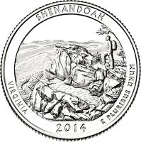 reverse of 1/4 Dollar - Shenandoah National Park, Virginia - Washington Quarter; Silver Proof (2014) coin with KM# 567a from United States. Inscription: SHENANDOAH, VIRGINIA, 2014 E PLURIBUS UNUM