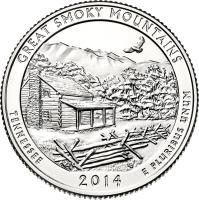 United States coin 1/4 Dollar - Great Smoky Mountains National Park, Tennessee - Washington Quarter; Silver Proof (2014) reverse reverse of 1/4 Dollar - Great Smoky Mountains National Park, Tennessee - Washington Quarter; Silver Proof (2014) coin with KM# 566a from United States. Inscription: GREAT SMOKY MOUNTAINS, TENNESSEE, 2014 E PLURIBUS UNUM