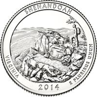 United States coin 1/4 Dollar - Shenandoah National Park, Virginia - Washington Quarter (2014) reverse reverse of 1/4 Dollar - Shenandoah National Park, Virginia - Washington Quarter (2014) coin with KM# 567 from United States. Inscription: SHENANDOAH, VIRGINIA, 2014 E PLURIBUS UNUM