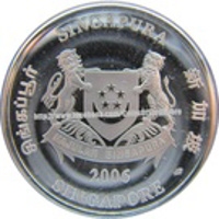 obverse of 2 Dollars - 41st Anniversary of Independence (2006) coin with KM# 258a from Singapore. Inscription: SINGAPURA சிங்கப்பூர் 新加坡 2006 SINGAPORE