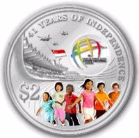 reverse of 2 Dollars - 41st Anniversary of Independence (2006) coin with KM# 258a from Singapore. Inscription: 41 YEARS OF INDEPENDENCE OUR GLOBAL CITY OUR HOME 2006 $2
